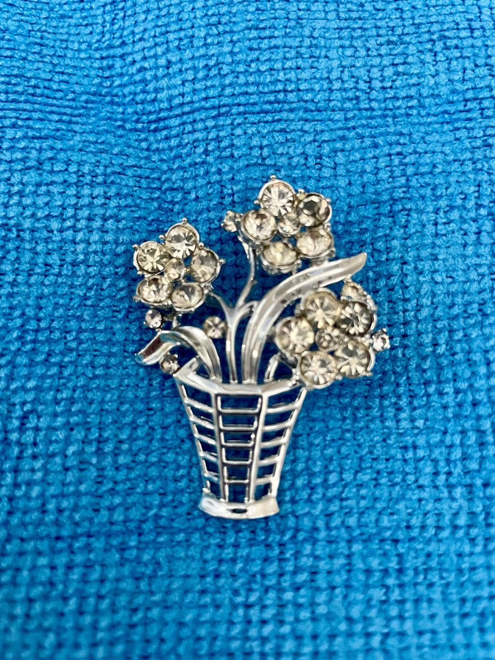 Carl-Art Sterling Silver Rhinestone Flower Basket Brooch
